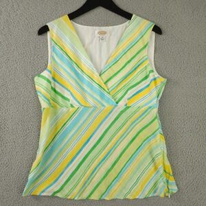 VTG Talbots Shirt Medium Yellow Green Striped V Neck Sleeveless Linen Side Zip